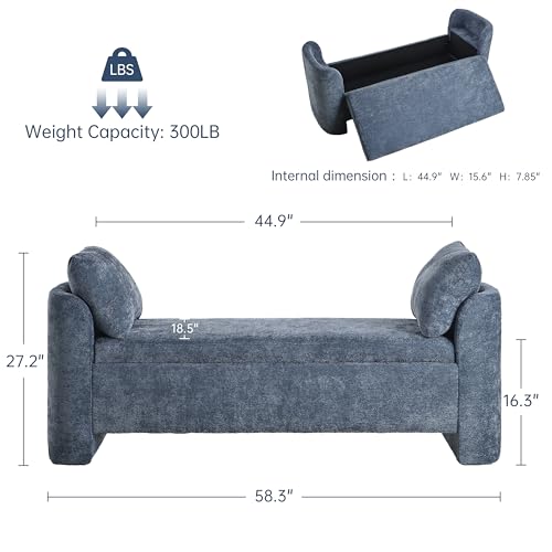 Usaint 58.3" Upholstered Storage Ottoman Bench with 2 Throw Pillows, Blue | End of Bed Bench with Curved Arms and Thickened Seat Cushion for Bedroom, Livingroom, Window, Entryway and Dressing Areas - color: Blue