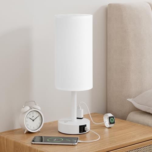 White Touch Bedside Lamp for Bedroom, Stepless Dimmable, USB A+C, AC Outlet | Base Touch Button Only, Memory Brightness, Ultra-dim Night Light, Included Bulb for Optimal Dimming, White Lamp Base, Nursery - color: White & White