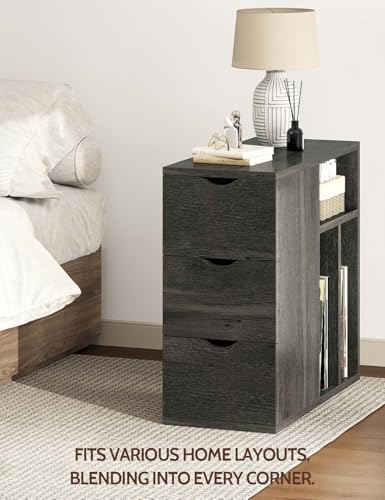 Narrow End Table with 3 Drawers, Wood Side Table with Storage Shelves for Living Room, Slim Sofa Side Table Nightstand for Bedroom (1, Black) - color: Classic Black