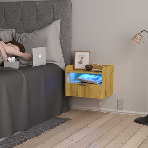 Veegle Floating Nightstand with Charging Station and LED Lights (Yellow Oak) - color: Yellow Oak