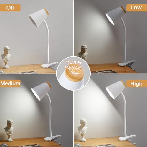 EJIAXIN Clip on Desk Lamp for Home Office - Small LED Touch Dimmable Reading Light for College Dorm Room - Adjustable Flexible Gooseneck Clamp Light Table Lamp for Bedside Bedroom Bed Headboard White - color: Cool White