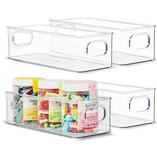 Plastic Food Storage 4 Pack Clear Container Bin with Handles for Organizing Kitchen, Pantry, Fridge, Freezer, Pantry,Bathroom. 10"x4"3" - size: 10x4x3