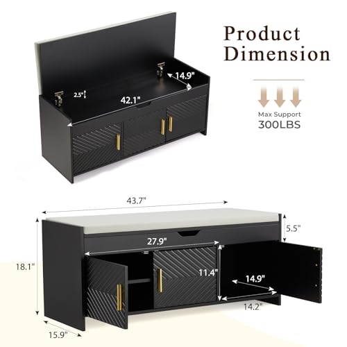 Shoe Bench, Storage Bench with Lift Top Storage, Entryway Bench with Cushioned Seat, Adjustable Shelf for Living Room, Bedroom, Hallway, Black - color: Black