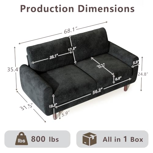 Ihanherry 68" Loveseat Sofa, Small Couch for Small Spaces, Comfy Chenille Sofa with Spring Cushion and Wood Frame, Mid Century Modern Couch, Deep Seat Couch for Living Room Bedroom Office, Black - color: Black