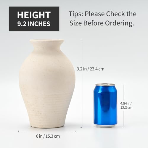Ceramic Rustic Farmhouse Vase, 9.2 inch Whitewashed Terracotta Vase | Ceramic Vintage Flower Vases,Table Decorative Vases for Home Decor Table Living Room Shelf Mantel Decoration(Off-White) - color: Off-white