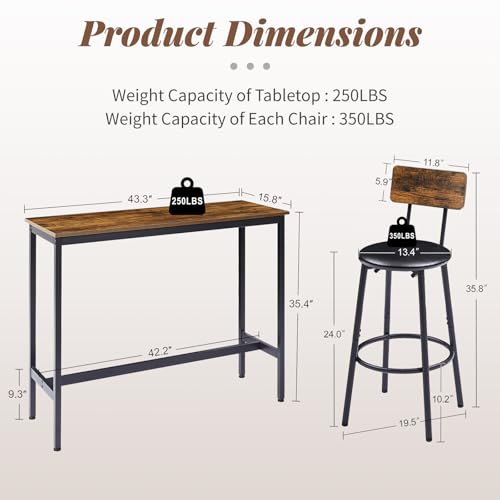 43.31" Bar Table Set for 2, Counter Height Dining Table with PU Upholstered Bar Stools and Backrests, Space-Saving Small Kitchen Table for Breakfast Nook, High Top Table and Chairs Set - color: Rustic Brown, style: Rectangular w/ Upholstered Stool