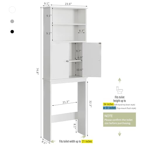 Over the Toilet Storage Cabinet for Bathroom, Extra Tall Over Toilet Storage, Space Saver W/Adjustable Shelf & Open Storage Shelf, 75in, White - color: White, style: 2 Open Shelves