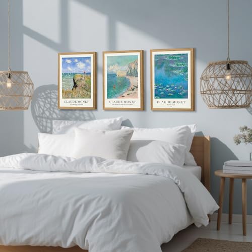 JLTULT Claude Monet Wall Art Set of 3, Solid Wood Frames, 16 x 24 in Each | Monet impressionist prints on fade-resistant canvas with ready-to-hang solid wood frames for living rooms and bedrooms - color: Monet, size: 24"L x 16"W