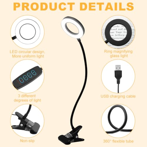 5X Magnifying Glass with Light, 3 Color Modes LED Desk Lamp, Clip on Lamp Lighted Magnifier, 360° Flexible Neck Magnifying Lamp for Workbench Craft Repair Sewing, USB Powered(Color:Black)
