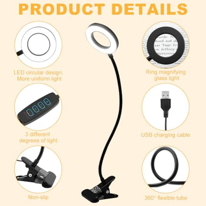 5X Magnifying Glass with Light, 3 Color Modes LED Desk Lamp, Clip on Lamp Lighted Magnifier, 360° Flexible Neck Magnifying Lamp for Workbench Craft Repair Sewing, USB Powered(Color:Black)