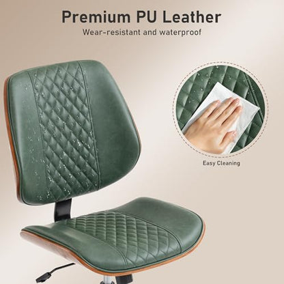 Modern Walnut Home Office Chair, Executive Desk Chair No Arms Green | with Wheels, Adjustable Height, Comfy PU, Deeper Cushion, Mid Back, 360 Swivel Computer Chair - color: Green