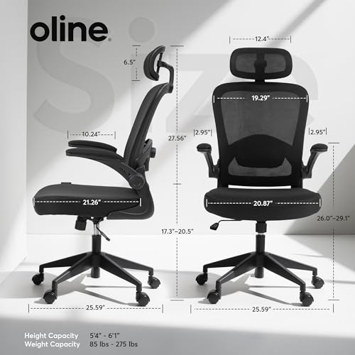 Oline ErgoAir Ergonomic Office Chair – Adjustable Lumbar Support, Flip-Up Armrests, Mesh Computer Desk Chair, Swivel Rolling Executive Gaming Chair for Home & Office (Black) - color: Black
