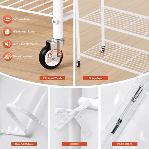 Univivi Rolling Clothes Rack with Clear Dust Cover and Bottom Storage Shelf | Heavy-Duty Metal Frame Clothing Rack, Clear Dustproof Cover, 360° Rotation Wheels, Portable Closet for Bedroom, Laundry Room - color: White Rack with Clear Cover