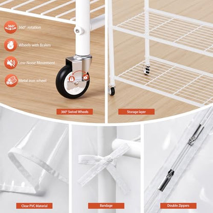 Univivi Rolling Clothes Rack with Clear Dust Cover and Bottom Storage Shelf | Heavy-Duty Metal Frame Clothing Rack, Clear Dustproof Cover, 360° Rotation Wheels, Portable Closet for Bedroom, Laundry Room - color: White Rack with Clear Cover