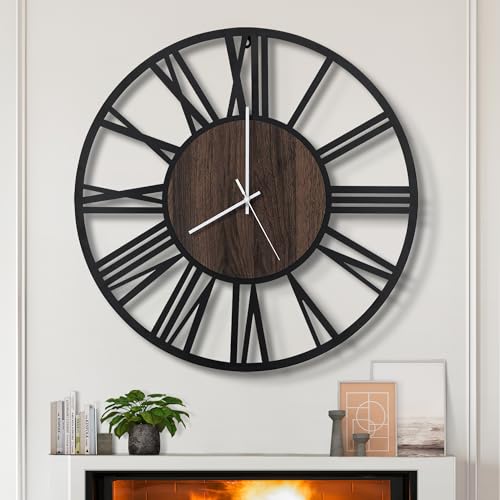 LEIKE Large Wall Clocks for Living Room,Silent,Non Ticking,Battery Operated Oversized Vintage Round Modern Wood Wall Clock for Bedroom,Farmhouse,Office Home Decor-24 Inch(Black-Roman Numerals) - color: Black Wood-roman Number, size: 24 IN