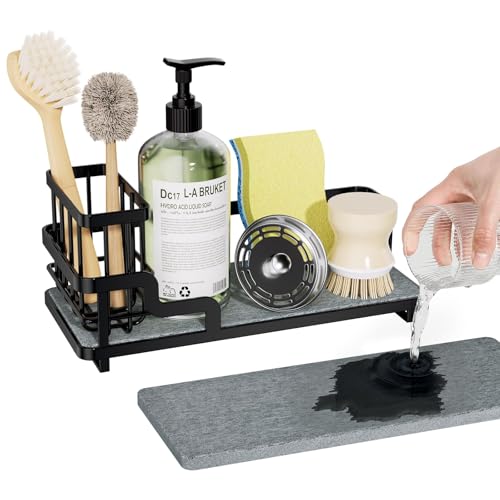 Consumest Sponge Holder for Kitchen Sink - Sink Caddy Organizer with Water Absorbing Stone Tray, Detachable Brush Holder, Stainless Steel Kitchen Counter Organizer Rack, Black - color: Black