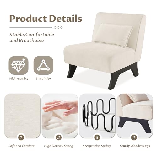 Armless Accent Chair Comfy Upholstered Modern Living Room Side Chair | Comfy Small Accent Lounge Chair with Pillow & Wooden Legs Accent Chair for Living Room Bedroom Farmhouse Reading Beige - color: Beige