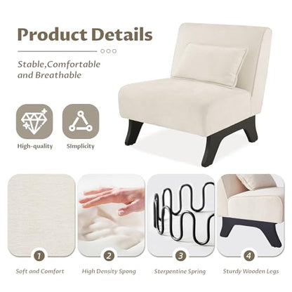 Armless Accent Chair Comfy Upholstered Modern Living Room Side Chair | Comfy Small Accent Lounge Chair with Pillow & Wooden Legs Accent Chair for Living Room Bedroom Farmhouse Reading Beige - color: Beige