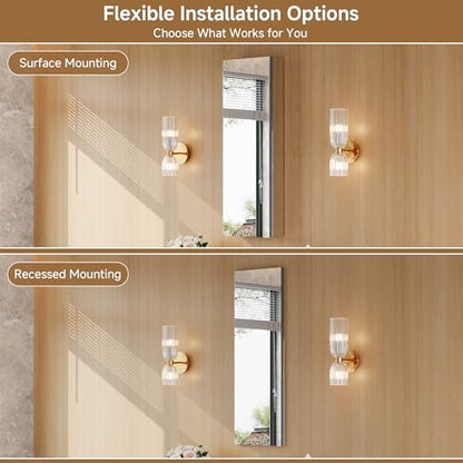 12" x 36" Bathroom Medicine Cabinet with Mirror, Recessed or Wall Mount | Medicine Cabinets with Adjustable Glass Shelves, Soft-Closed Hinge, Chrome Aluminum Frame, Reverse Installation - size: 12" x 36"