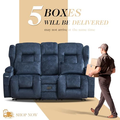 Loveseat Recliner Sofa,RV Wall Hugger Recliners with Flip-up Console,Reclining Loveseat Sofa Recliner with Cup Holders/Lumbar Pillows for Small Spaces,RV Furniture (Blue,68" 2-Seater) - color: Blue, size: 68" 2-Seater
