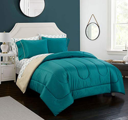 Idea Nuova Casa 7-Piece Solid Reversible Comforter Set with Bonus Sheets, Green, Queen, 86"x86" - color: Green, size: Queen