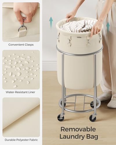 SONGMICS Laundry Basket, Rolling Steel Frame with 2 Locking Wheels, 70 L | Heavy-Duty Laundry Hamper Cart with Removable Bag, Cream White and Metallic Silver, URLS006W01 - color: Cream White + Metallic Silver, size: 70 L (1-Section)
