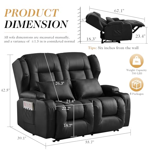 Loveseat Recliner Sofa,RV Wall Hugger Recliners for Small Spaces,Reclining Loveseat Sofa Recliner with Cup Holders/Lumbar Pillows,RV Furniture (Black, 56" 2-Seater) - color: Black, size: 56" 2-Seater
