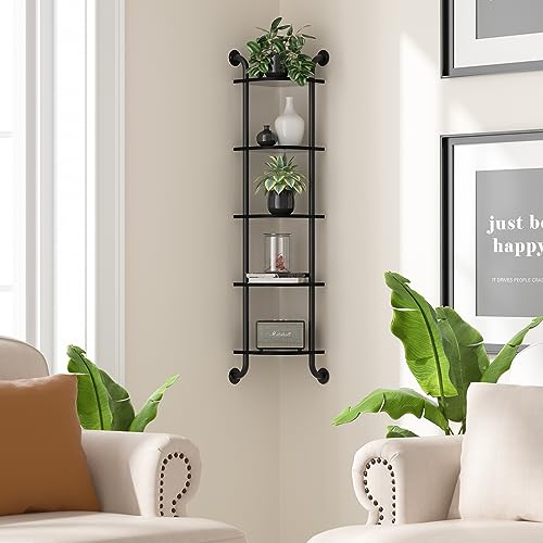 5 Tier Corner Shelf Wall Mount Rustic Industrial Floating Shelves - color: Black