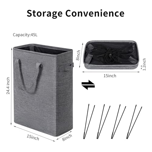 ZJL Narrow Laundry Hamper, Skinny Laundry Basket, 45L Dark Grey, 24" | Slim Laundry hamper for Small Spaces laundry bag with handle, Foldable clothes hampers for laundry basket organizer - color: Dark Gray- With Handles