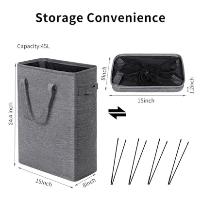 ZJL Narrow Laundry Hamper, Skinny Laundry Basket, 45L Dark Grey, 24" | Slim Laundry hamper for Small Spaces laundry bag with handle, Foldable clothes hampers for laundry basket organizer - color: Dark Gray- With Handles