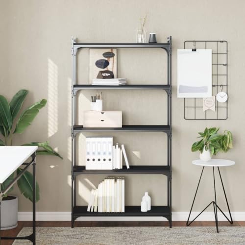 5-Tier Industrial Bookcase Black 11.8x31.5x60.6 in Engineered Wood & Metal Frame Adjustable Shelves Matte Finish Small Bookshelf for Living Room Bedroom Office - color: Black, size: 5-Tier