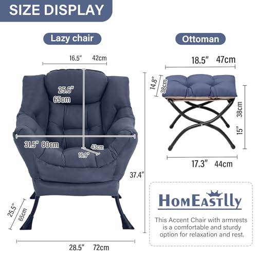 Lazy Chair with Ottoman, Soft Comfy Chair for Bedroom, Navy | Reading Accent Lounge Chair with folding Foot Stool for Living Room Dorm Apartment, sturdy metal frame - color: Navy