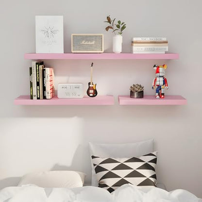 SAUMONIERES Floating Wall Shelves for Bedroom Bathroom Wall Mounted Solid Wood Shelf 24 Inch Set of 3, Pink Floating Shelves - color: Pink, size: 24 Inch-3 shelves