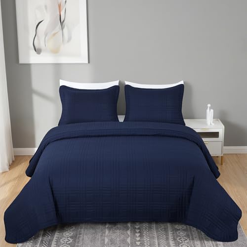 Chezmoi Collection Kingston Queen Size Bedspread Set, 3-Piece Navy Oversized Quilted Microfiber Lightweight Bedspread Coverlet (100"x106") for All Seasons - color: Navy, size: Queen