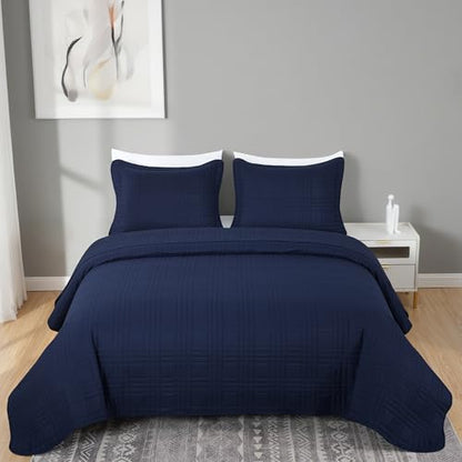 Chezmoi Collection Kingston Queen Size Bedspread Set, 3-Piece Navy Oversized Quilted Microfiber Lightweight Bedspread Coverlet (100"x106") for All Seasons - color: Navy, size: Queen