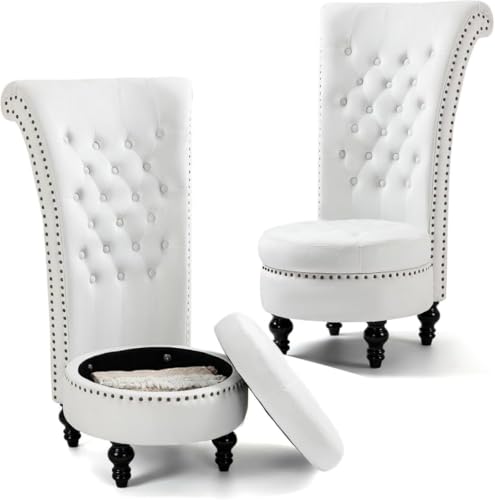 AVAWING High Back Velvet Throne Chair with Storage & Nailhead Trim, White | Tufted Ergonomic Back; Hidden Storage; Sturdy Rubberwood Legs; High-Density Foam; Easy Assembly; For Living Room Bedroom - color: White