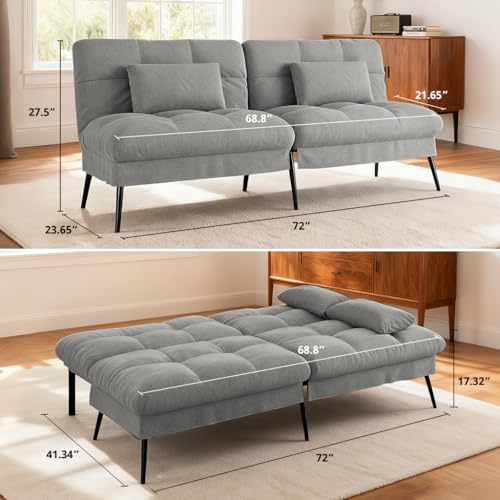 COMHOMA 72″ Convertible Futon Sofa Bed, Adjustable Backrest, Grey | Breathable Fabric Futon Couch with Pillows,Multi-angle Ergonomic Reclining,Space-saving Sleeper Sofa for Living Room - color: Grey