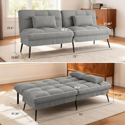 COMHOMA 72″ Convertible Futon Sofa Bed, Adjustable Backrest, Grey | Breathable Fabric Futon Couch with Pillows,Multi-angle Ergonomic Reclining,Space-saving Sleeper Sofa for Living Room - color: Grey