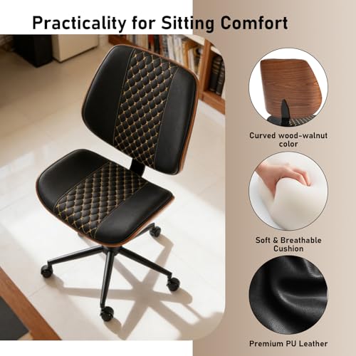 Modern Walnut Home Office Chair, Black-Embroidery | Executive Desk Chair No Armswith Wheels, Adjustable Height, Comfy PU, Deeper Cushion, Mid Back, 360 Swivel Computer Chair - color: Black-embroidery
