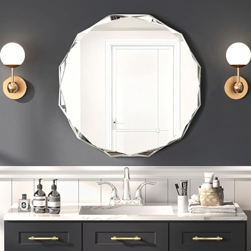 24x24 Inch Bathroom Mirrors for Over Sink, Round Frameless Mirrors for Wall | Beveled Bathroom Mirror, Bathroom Vanity Circle Mirror for Bedroom Living Room Entryway Home Decor - color: Round, size: 24"L x 24"W