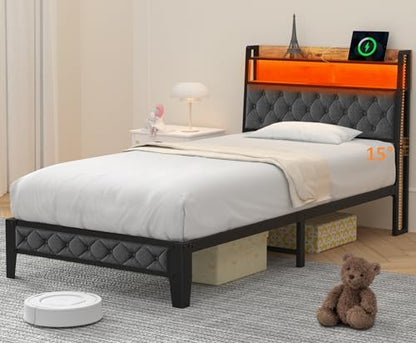 Winkalon Twin Metal Bed Frame with RGB Lights, Charging Station, Upholstered Headboard, Storage Shelves & Under Bed Space, Powder Coated, 250 lbs Capacity - size: Twin