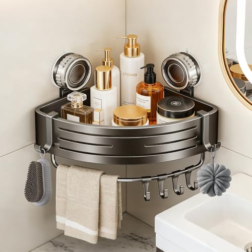 Suction Cup Corner Shower Caddy, No Drill, 1 Tier, Gray | Aluminum, With Hooks, Floating Rack for Inside, Bathroom Wall Shelf Organizer - style: Suction Cup Corner Shower Caddy ,1 Tier ,Gray