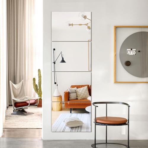 Wall Mirror Tiles, 16"x12"x4PCS Full Length Home Gym Mirror | HD Tempered Glass, Frameless Workout Mirror for Garage, Bedroom, Living Room, Over The Door - size: 16"x12"x4PCS