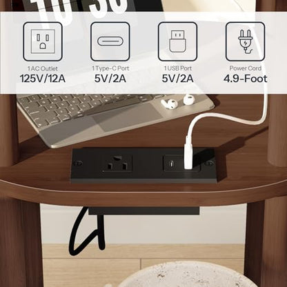 HOOBRO Small Side Table with Charging Station, 3-Tier Oval Bamboo End Table, Accent Table, Compact Sofa Bedside Table for Small Space, for Living Room, Bedroom, Apartment, Mocha MA177UBZ01 - color: Mocha