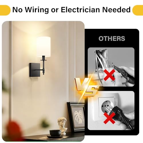 14 Inch Black Battery Operated Wall Sconces Set of 2, Rechargeable Wireless Wall Lights with Remote & White Fabric Shade, Indoor Not Hardwired Dimmable Wall Lamps for Bedroom, 2 Bulbs Included - color: Black and White, size: 14.5 inch