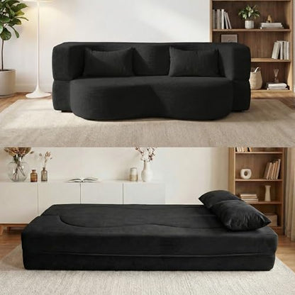 2-in-1 Folding Convertible Sofa Bed - 78 Inch Boneless Loveseat Sleeper, Foldable Floor Futon Couch with Pillow, Pull-Out Modular Matress for Small Spaces (Living Room/Bedroom/Dorm) (Black) - color: Black