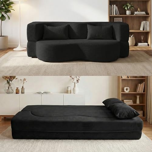 2-in-1 Folding Convertible Sofa Bed - 78 Inch Boneless Loveseat Sleeper, Foldable Floor Futon Couch with Pillow, Pull-Out Modular Matress for Small Spaces (Living Room/Bedroom/Dorm) (Black) - color: Black