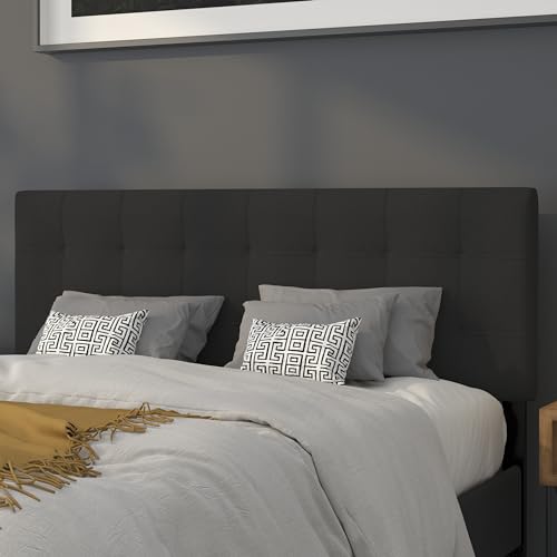 EMMA + OLIVER Black Queen Quilted Tufted Headboard | Adjustable Bed Rail Slots, Fabric Upholstered - color: Black, size: Queen
