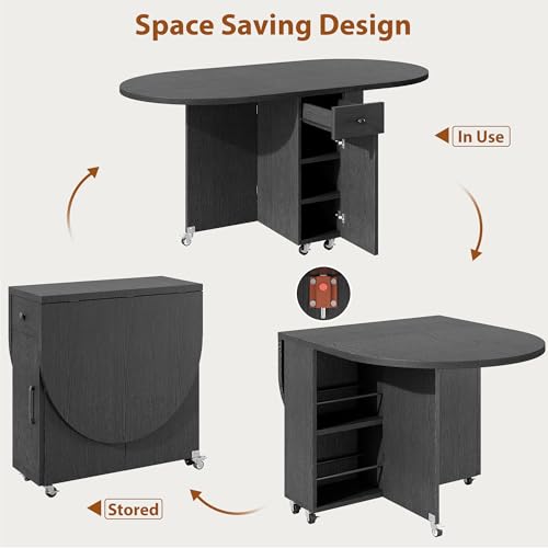 Jocoevol Round Folding Dining Table for 6, Space Saving Drop Leaf Kitchen Table with Storage Drawer, 6 Wheels Oval Gateleg Foldable Dining Table for Small Spaces (Black, 51" x 31.5" x 30") - color: Black