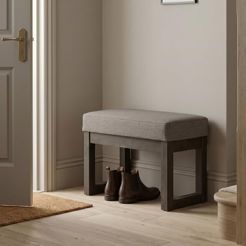 SIMPLIHOME Milltown 27" Wide Tweed Look Fabric Ottoman in Platinum | Contemporary ottoman with a cushioned seat for extra seating in the bedroom or entryway; rectangle footstool or footrest. - color: Platinum, style: Small Ottoman Bench